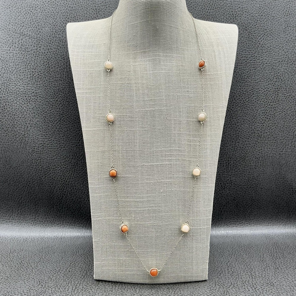 Ann Taylor Long Station Necklace Gold Tone Orange Cream Cabochon Beads 26"